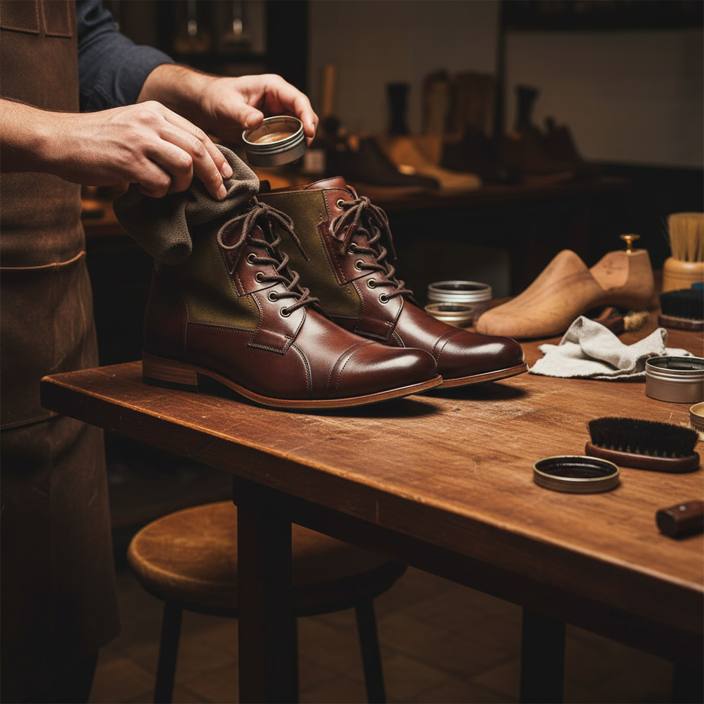 Skilled artisan applying premium wax and hand polishing luxury two tone military inspired leather boots