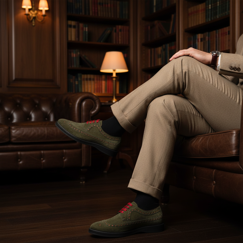 Luxury handmade suede brogue derby shoes styled with tailored trousers in an old money setting