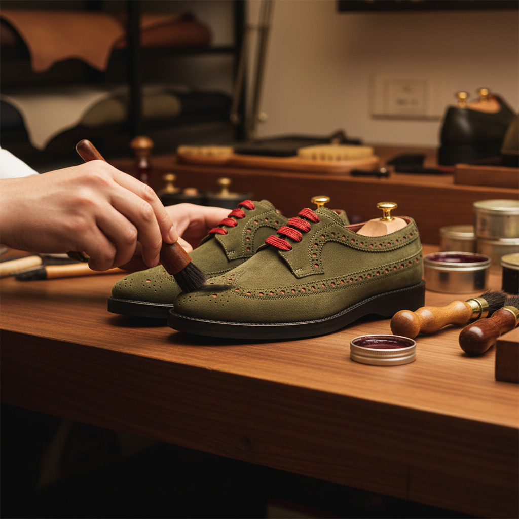 Skilled artisan applying premium finishing treatment to luxury suede brogue derby shoes
