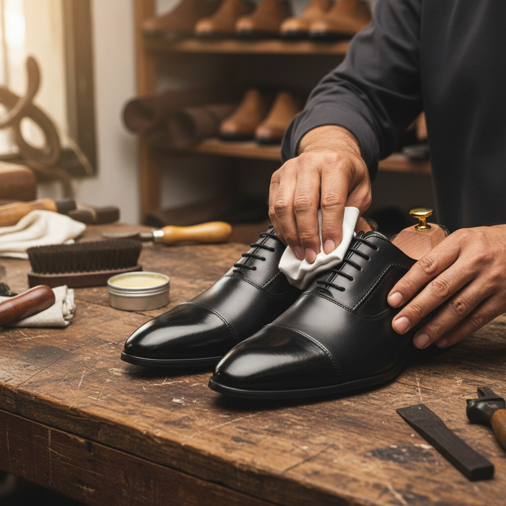 Artisan hand polishing the Callisto Classic Black Oxford Dress Shoes with premium wax during the final finishing process at Marvel Leather.