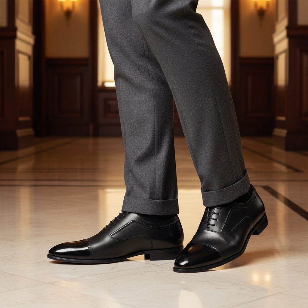 Luxury lifestyle image featuring the Callisto Classic Black Oxford Dress Shoes handcrafted by Marvel Leather and worn in an elegant executive setting.