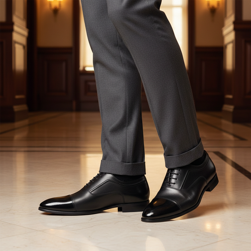 Luxury lifestyle image featuring the Callisto Classic Black Oxford Dress Shoes handcrafted by Marvel Leather and worn in an elegant executive setting.