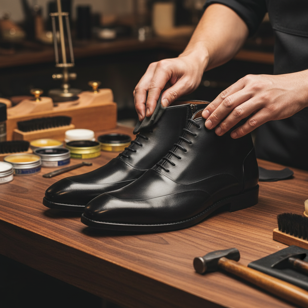 Skilled artisan applying premium wax and hand polishing luxury black leather Chukka boots