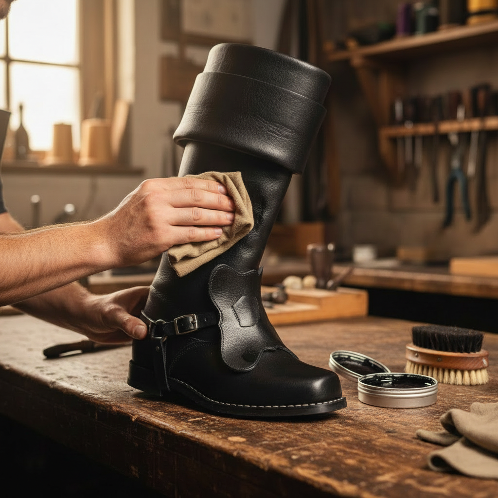 Artisan hand polishing The Cavalier Bespoke Long Boot with premium wax during the final finishing process at Marvel Leather.