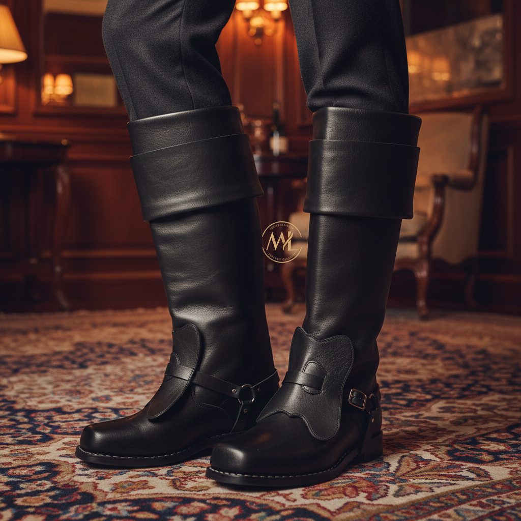 Luxury handmade leather long boots for men styled with tailored trousers in an elite old money setting
