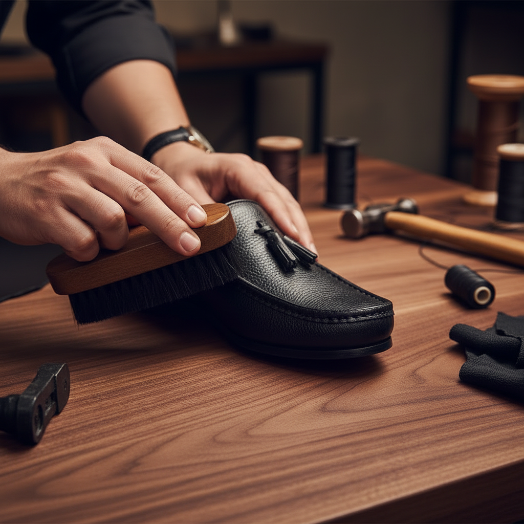Skilled artisan applying premium polish to black pebble grain leather tassel loafers