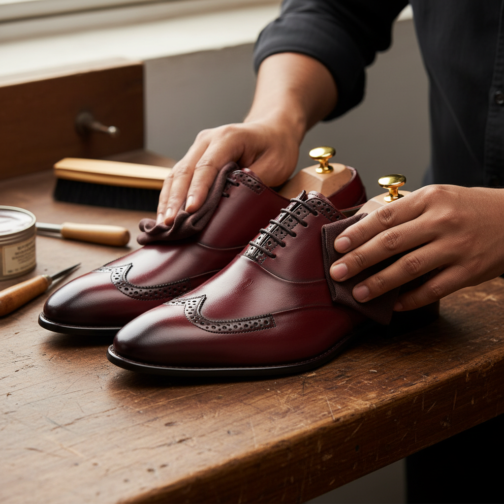 Artisan hand polishing the Corbin Bordeaux Wingtip Oxford Shoes with premium wax during the final finishing process at Marvel Leather.