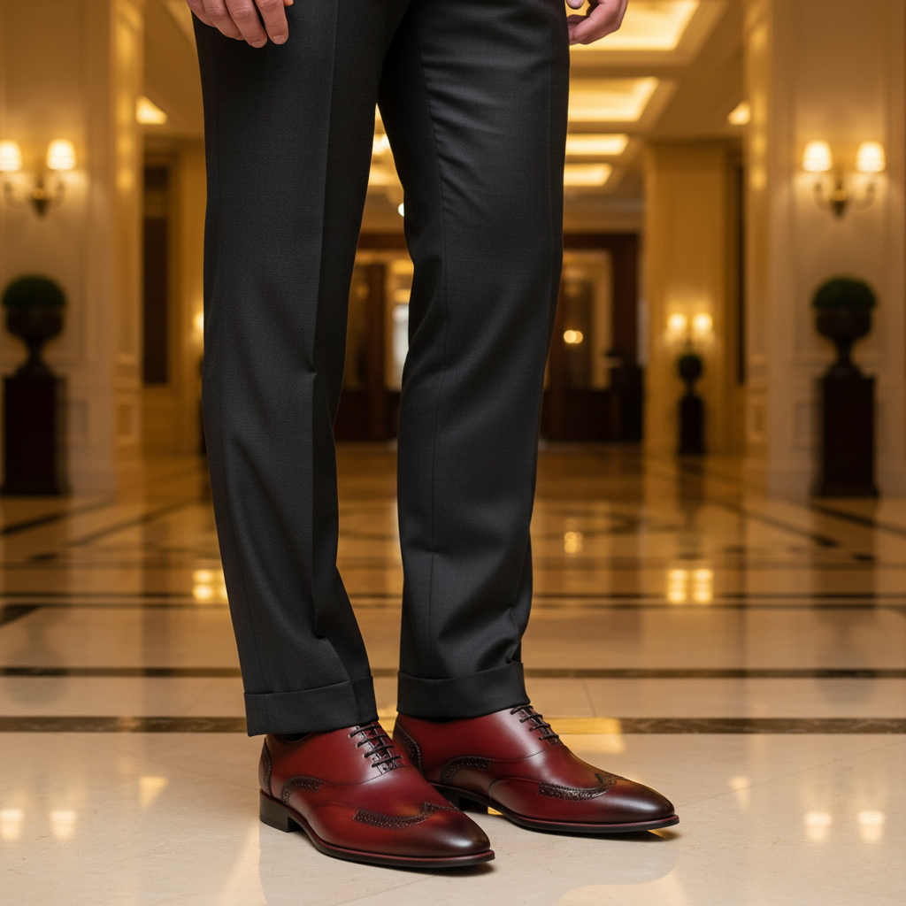 Luxury lifestyle image featuring the Corbin Bordeaux Wingtip Oxford Shoes handcrafted by Marvel Leather and worn in an elegant premium setting.
