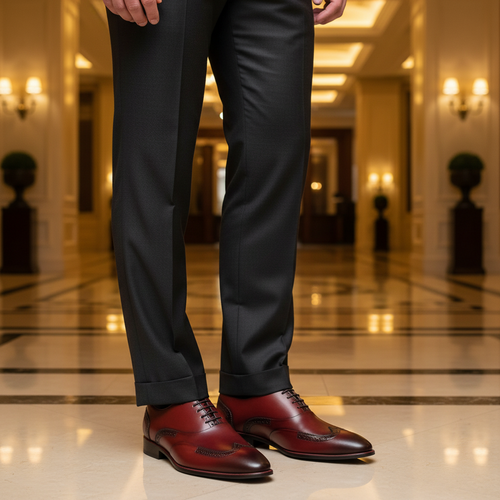 Luxury lifestyle image featuring the Corbin Bordeaux Wingtip Oxford Shoes handcrafted by Marvel Leather and worn in an elegant premium setting.