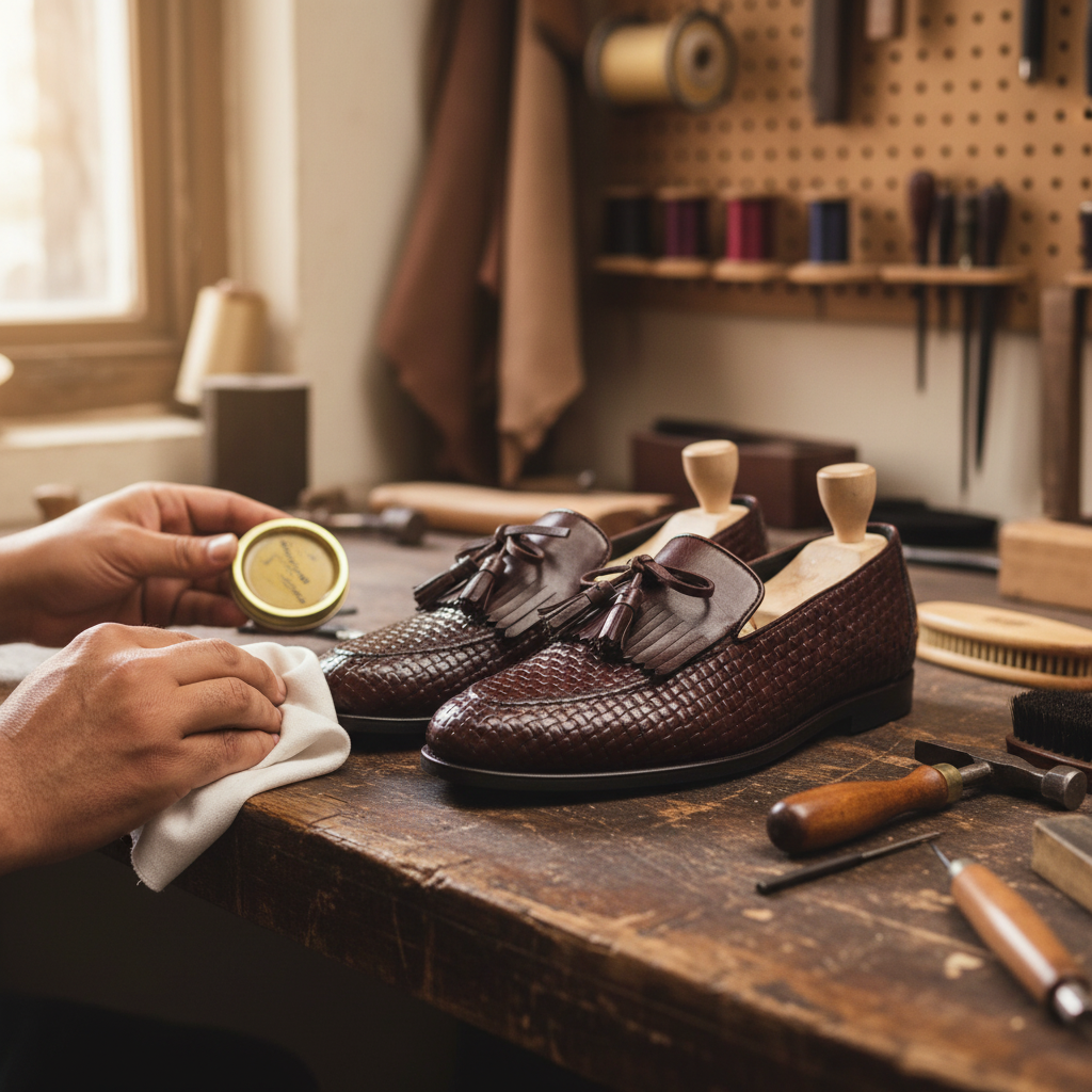 Artisan hand polishing the Dante Woven Kiltie Tassel Loafers during the final finishing process at Marvel Leather.