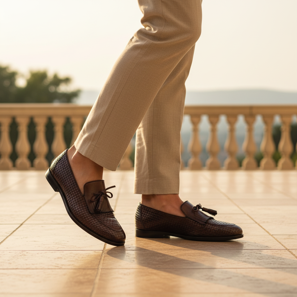 Luxury lifestyle image featuring the Dante Woven Kiltie Tassel Loafers handcrafted by Marvel Leather and worn in an upscale smart-casual setting.