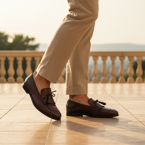 Luxury lifestyle image featuring the Dante Woven Kiltie Tassel Loafers handcrafted by Marvel Leather and worn in an upscale smart-casual setting.