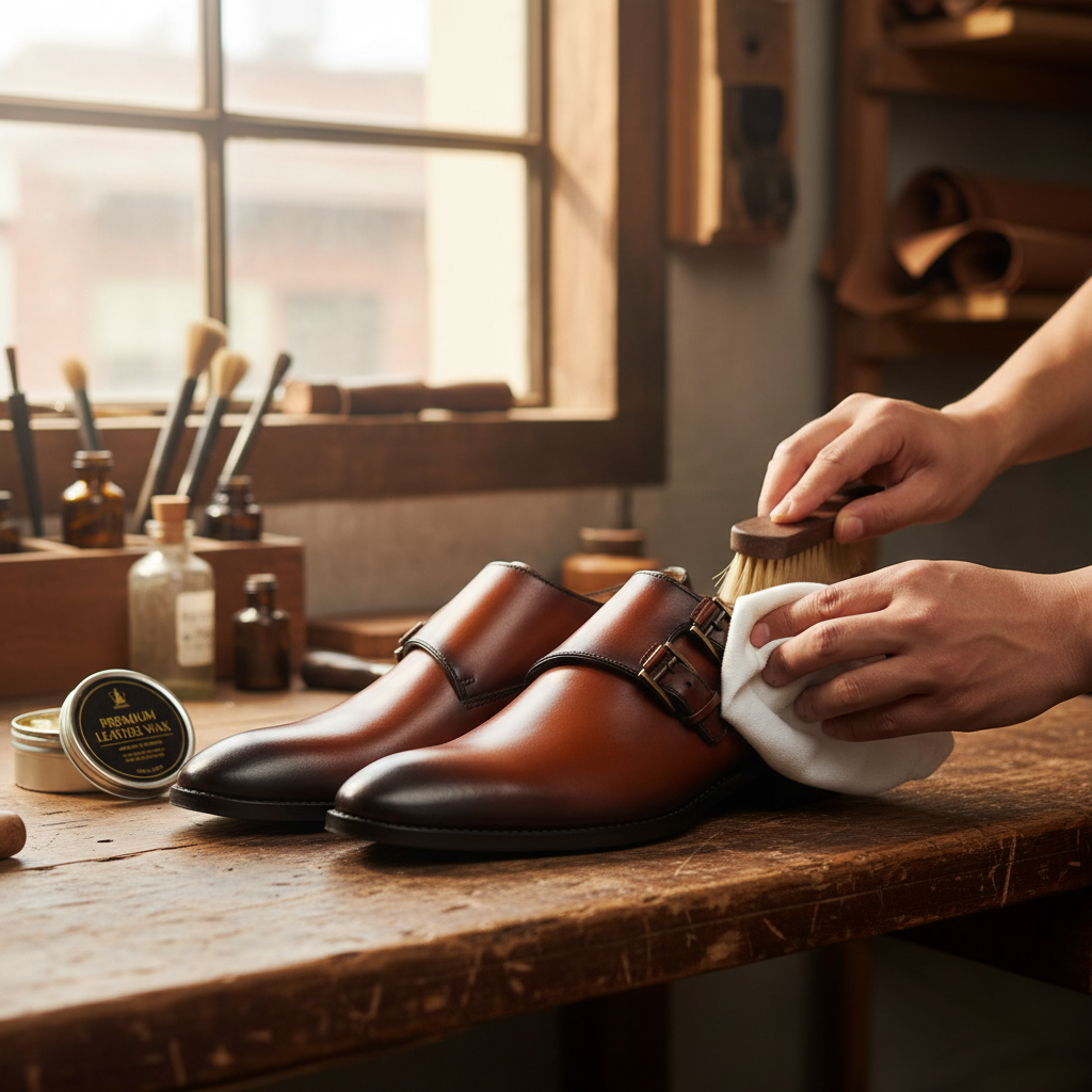 Artisan hand polishing the Danteo Dual Buckle Tan Monk Strap Shoes with premium wax during the final finishing process at Marvel Leather.
