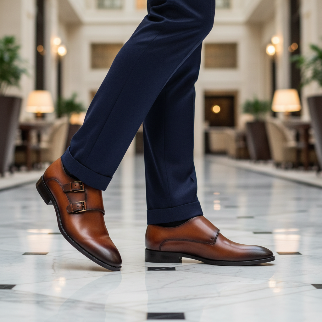 Luxury lifestyle image featuring the Danteo Dual Buckle Tan Monk Strap Shoes handcrafted by Marvel Leather and worn in an elegant smart-casual setting.