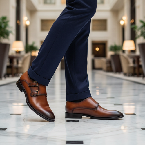 Luxury lifestyle image featuring the Danteo Dual Buckle Tan Monk Strap Shoes handcrafted by Marvel Leather and worn in an elegant smart-casual setting.
