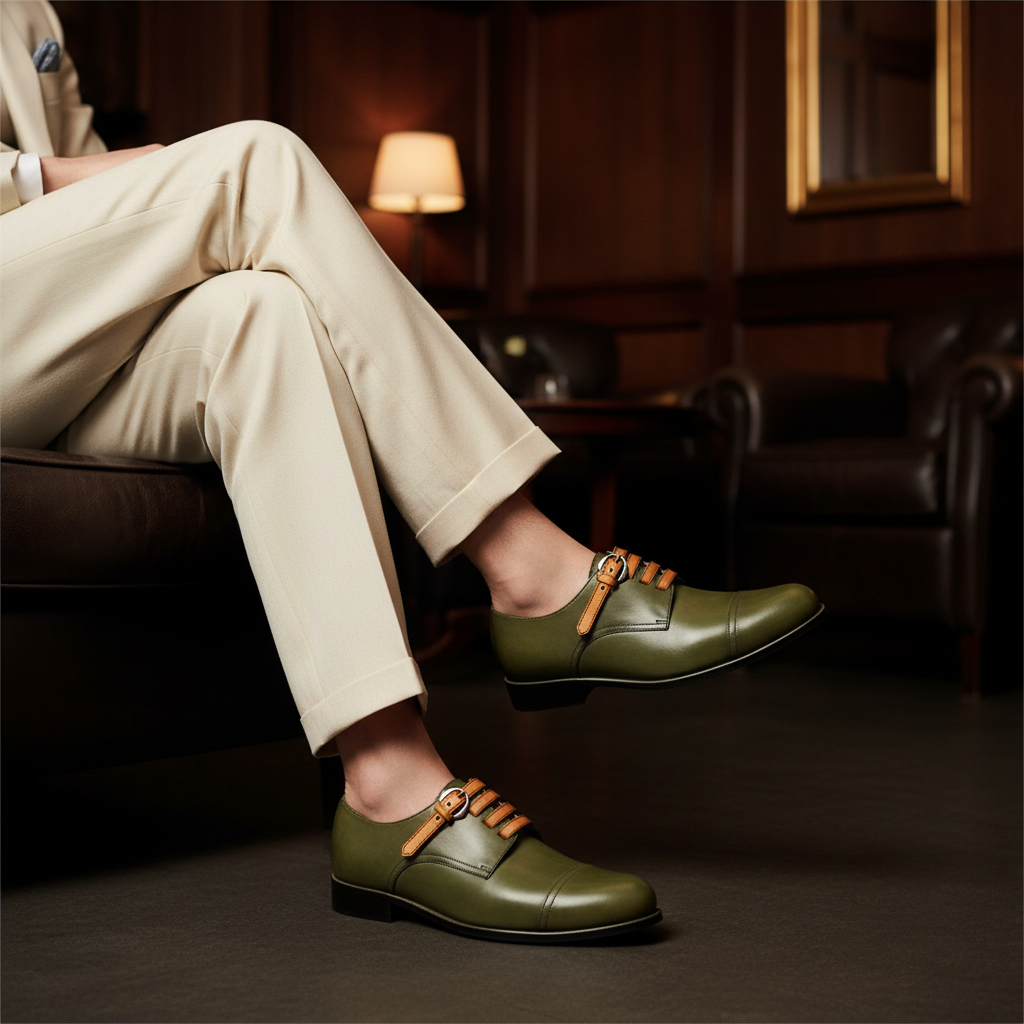 Luxury handmade olive leather derby strap shoes styled with tailored trousers in an old money setting