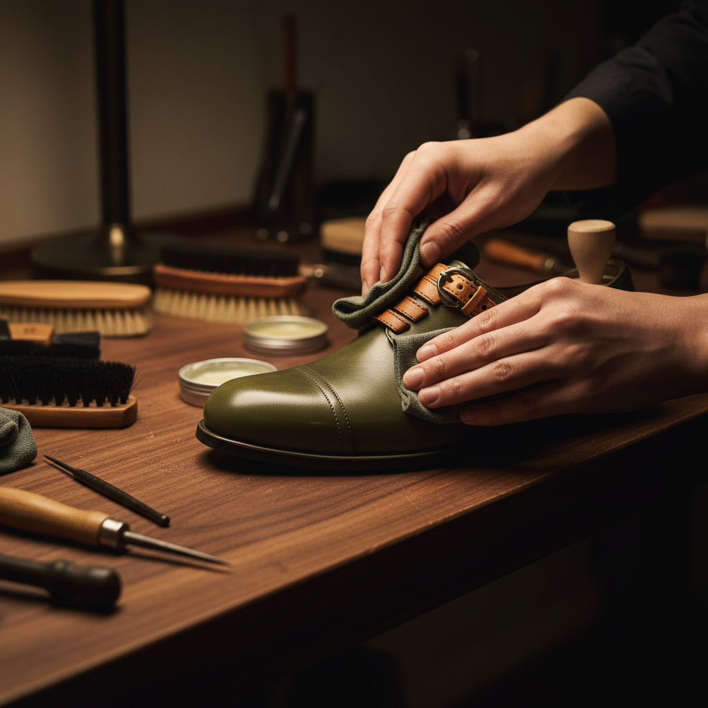 Skilled artisan applying premium wax and hand polishing luxury olive leather derby strap shoes
