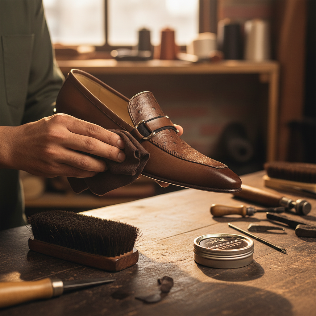 Artisan hand polishing the Dariole Dual Texture Bit Loafers during the final finishing process at Marvel Leather.