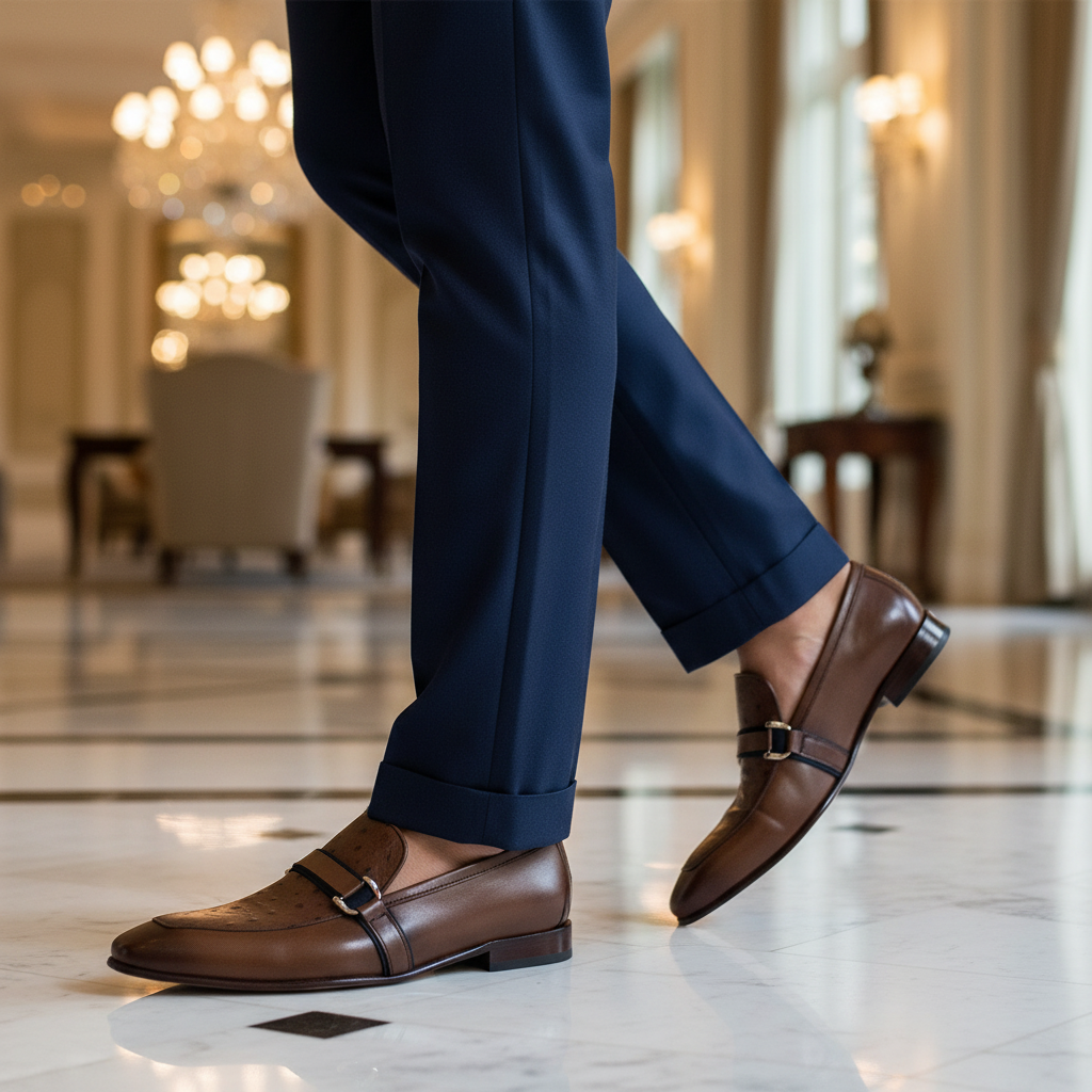 Luxury lifestyle image featuring the Dariole Dual Texture Bit Loafers handcrafted by Marvel Leather and worn in an upscale smart-casual setting.