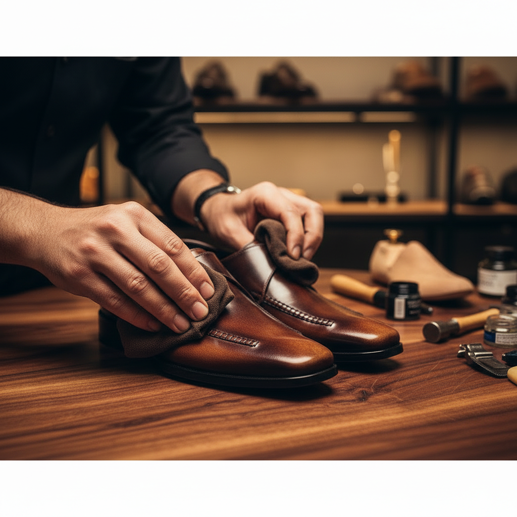 Skilled artisan applying premium polish and hand-finished patina to luxury monk strap leather loafers