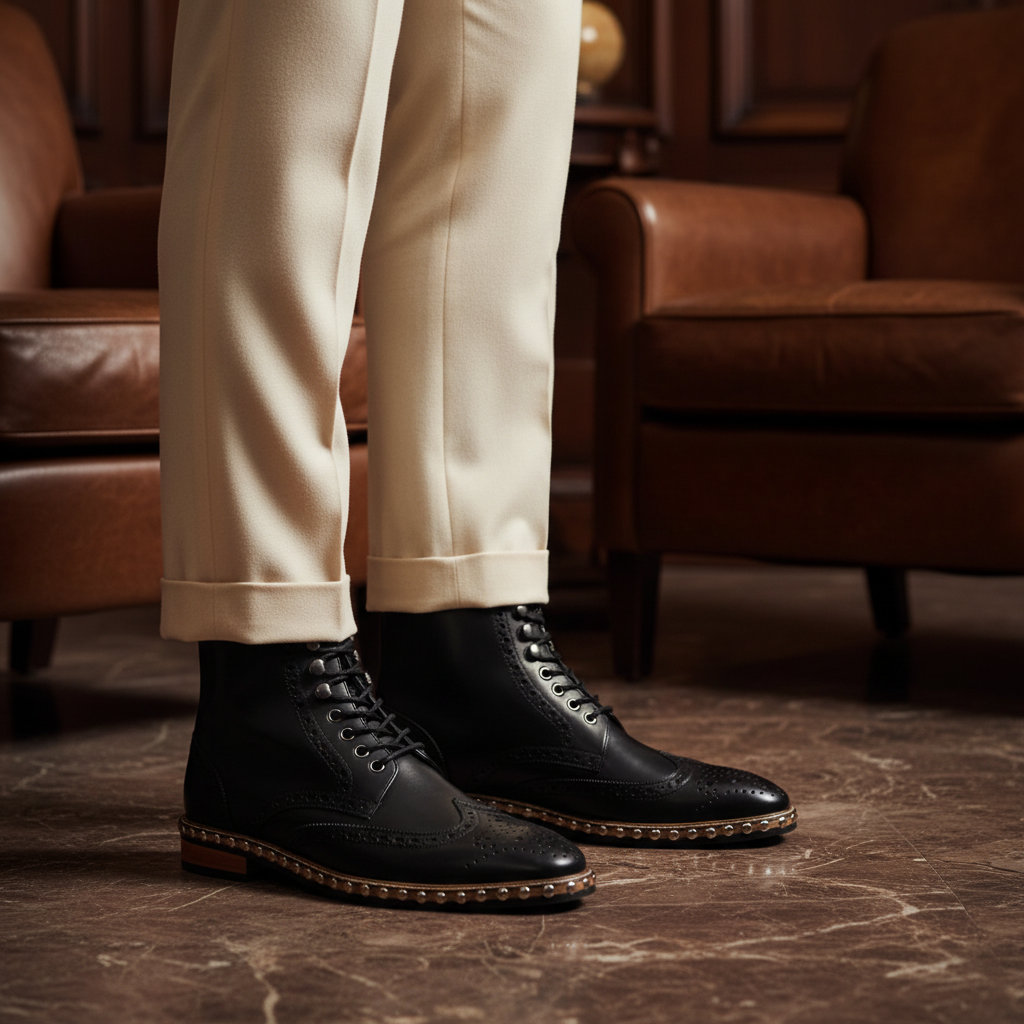 Luxury handmade studded brogue boots styled with tailored trousers in an elite old money setting
