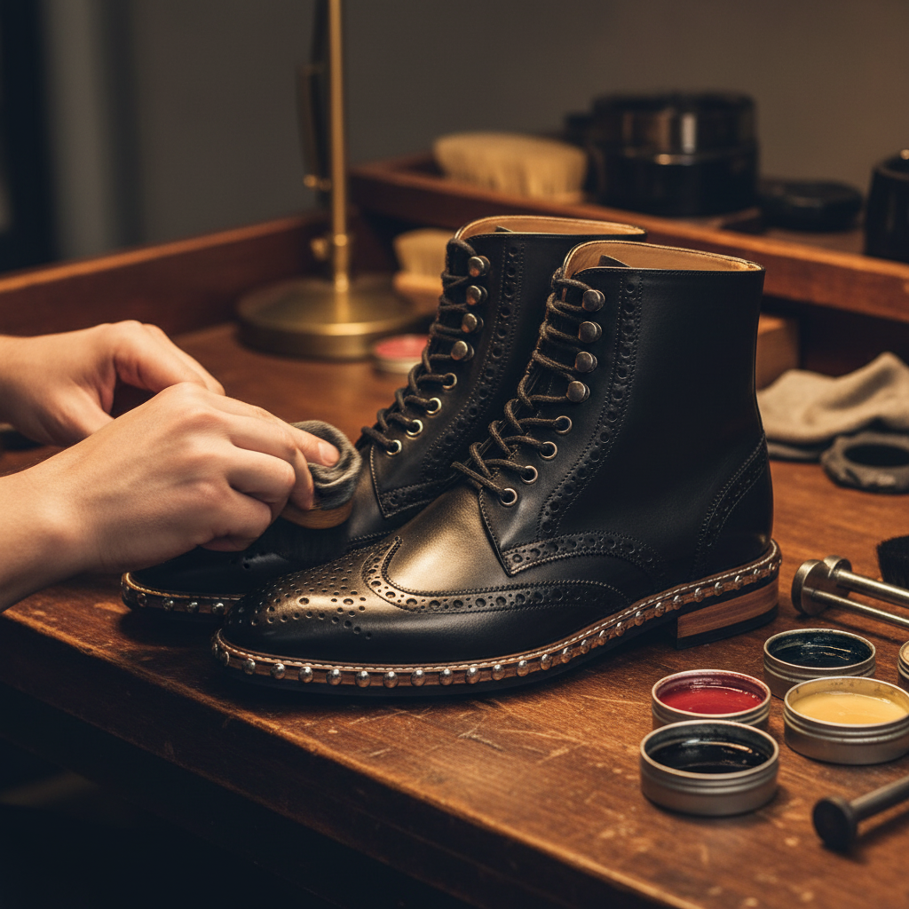 Skilled artisan applying premium wax and hand polishing luxury studded brogue leather boots