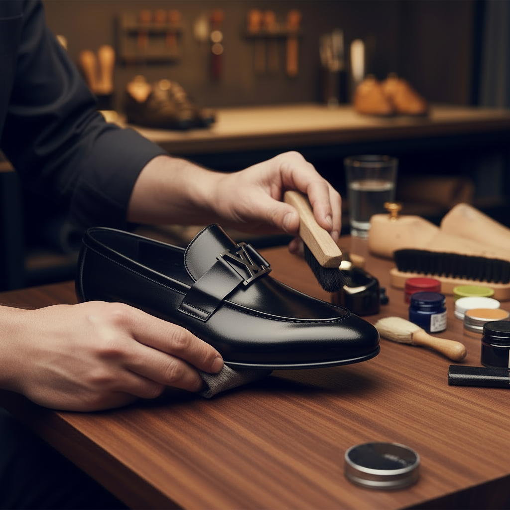 Skilled artisan applying premium polish to luxury purple and blue patina buckle leather loafers