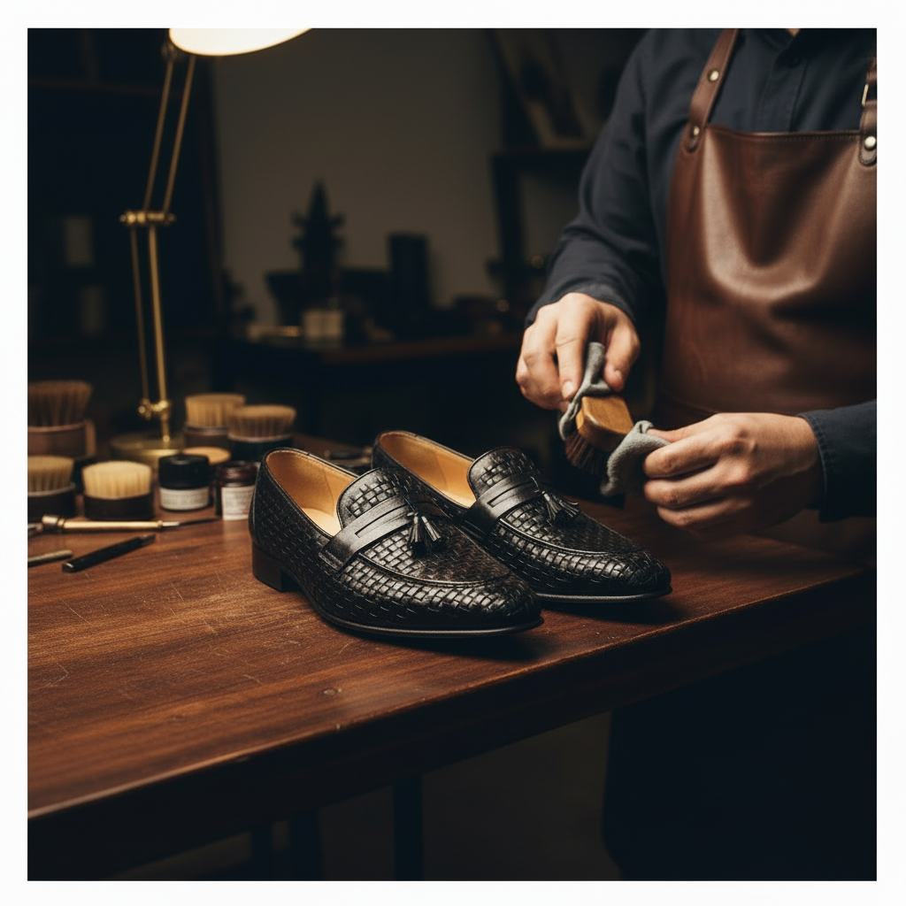 Skilled artisan applying premium wax and hand polishing to luxury woven tassel leather loafers