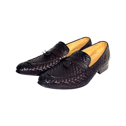 Eduardo luxury men’s loafers in woven black leather with tassel – side profile