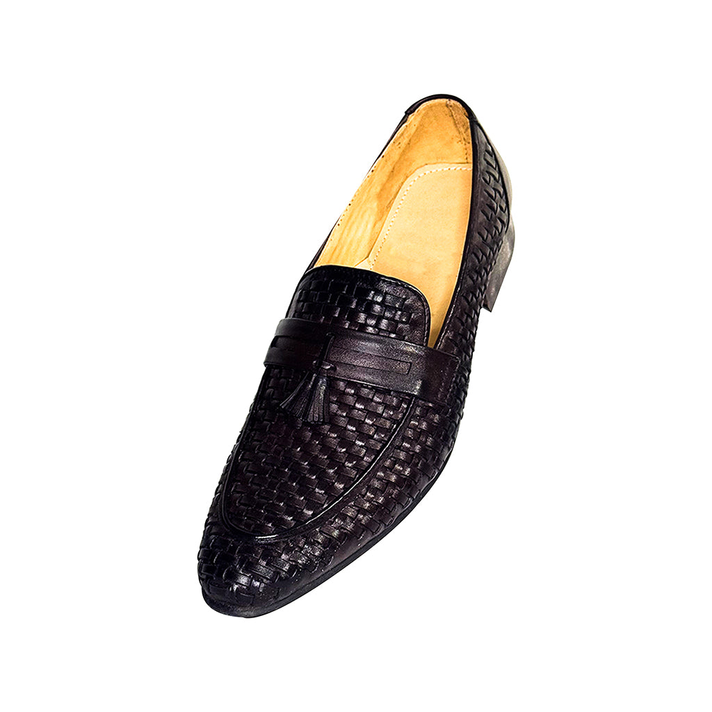 Eduardo black woven leather tassel loafer – top view handcrafted design