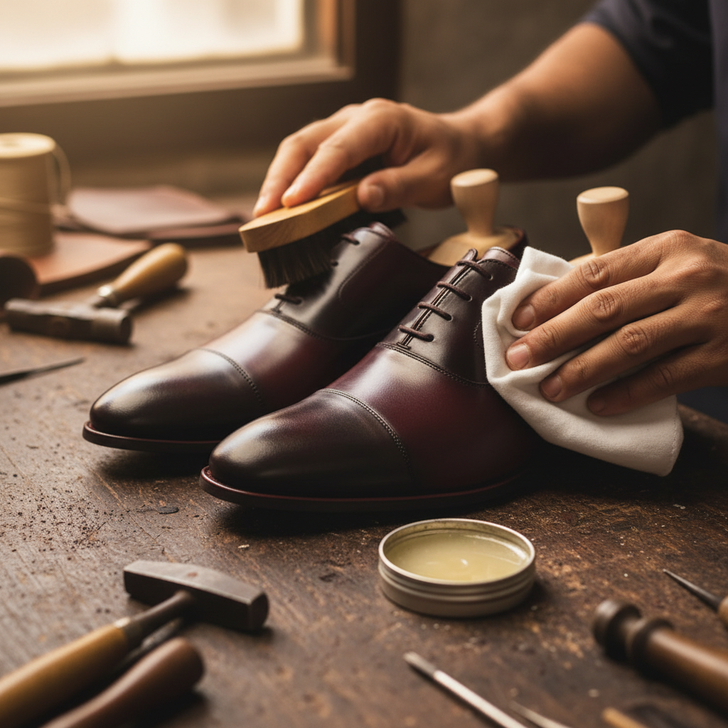 Artisan hand polishing the Elio Dual Tone Oxford Dress Shoes with premium wax during the final finishing process at Marvel Leather.