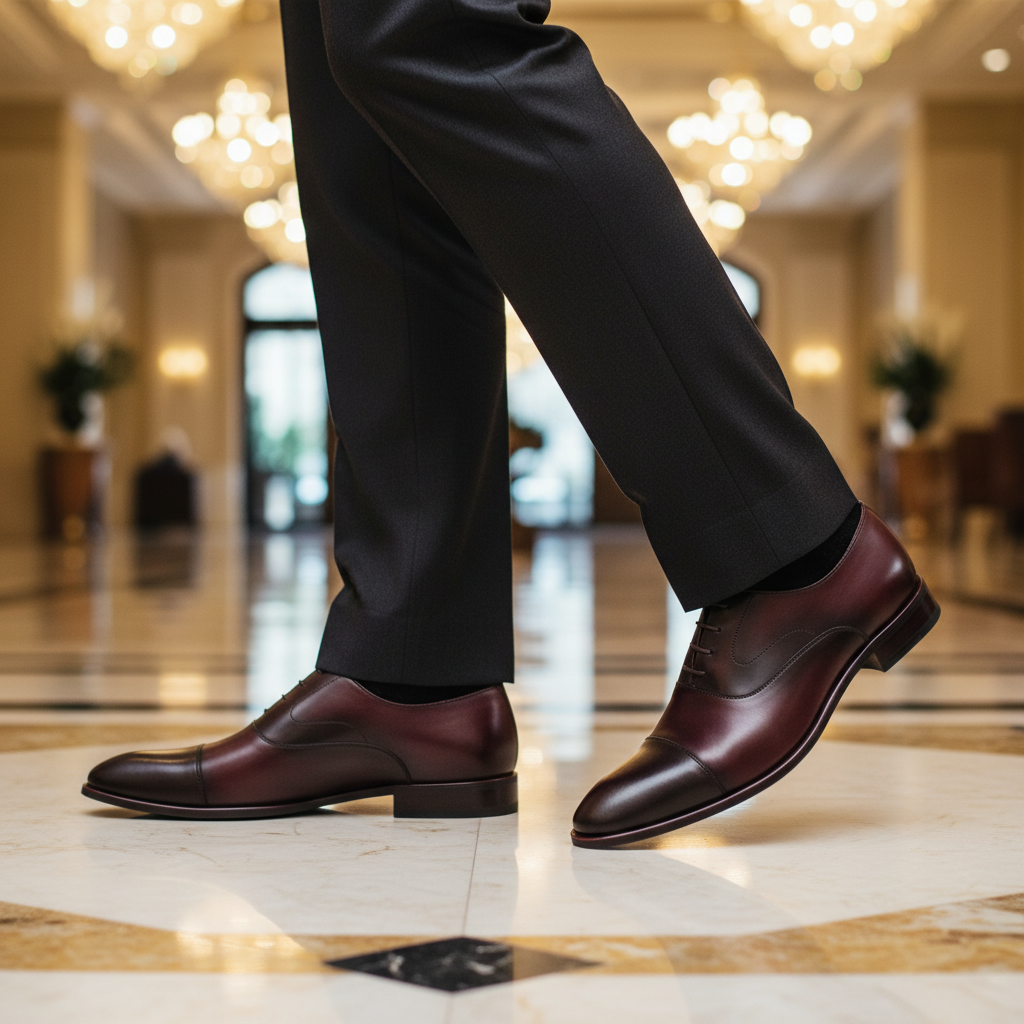 Luxury lifestyle image featuring the Elio Dual Tone Oxford Dress Shoes handcrafted by Marvel Leather and worn in an elegant premium setting.