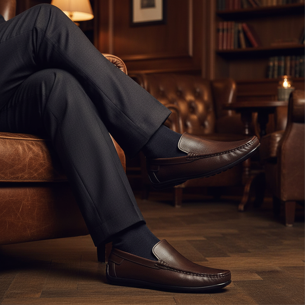 Luxury handmade soft leather driving moccasins styled with tailored trousers in an old money setting
