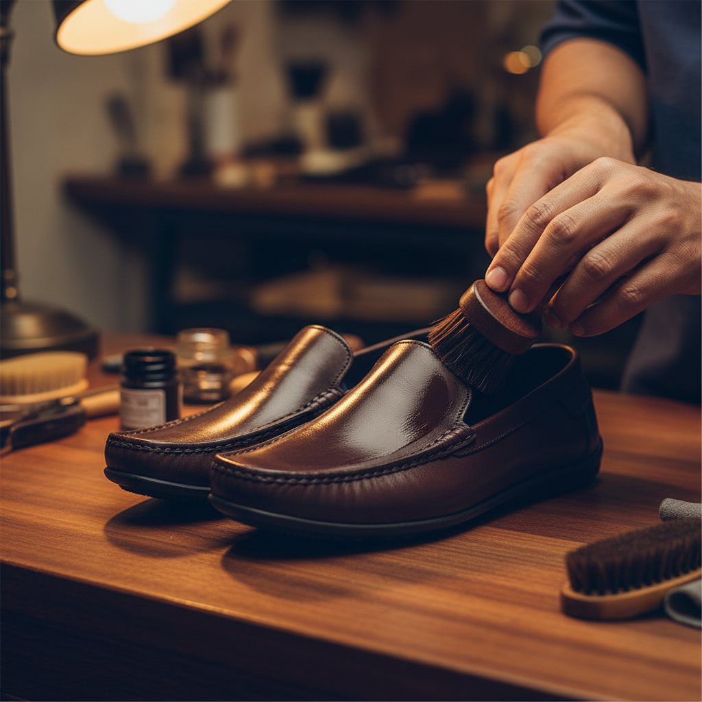 Skilled artisan applying premium wax and hand polishing to luxury soft leather driving moccasins