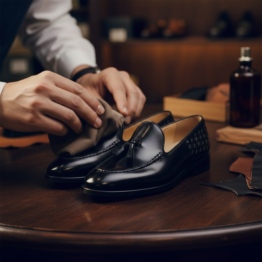 Skilled artisan applying premium polish to luxury braided tassel leather loafers