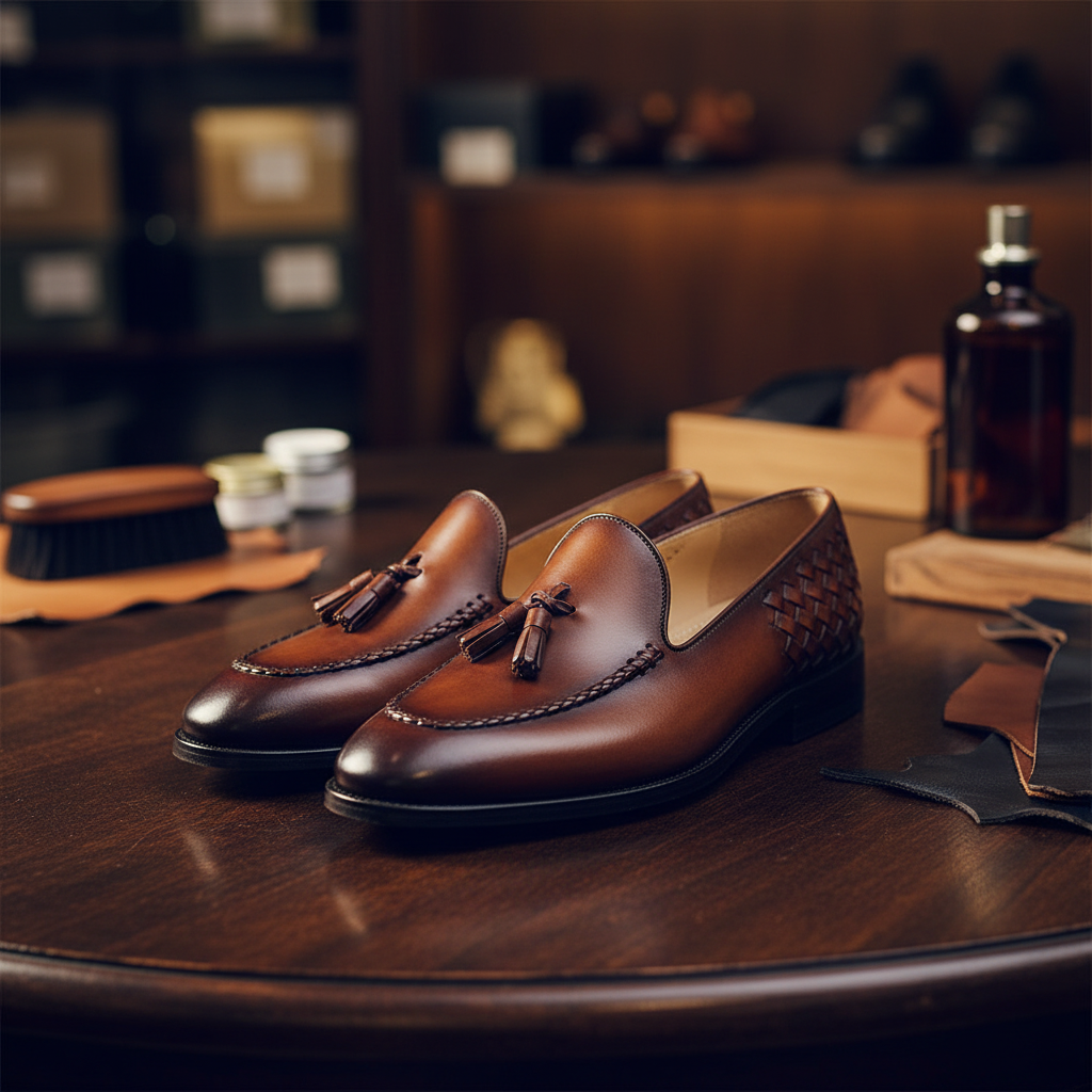 Hand finished patina braided tassel leather loafers crafted from premium full grain leather