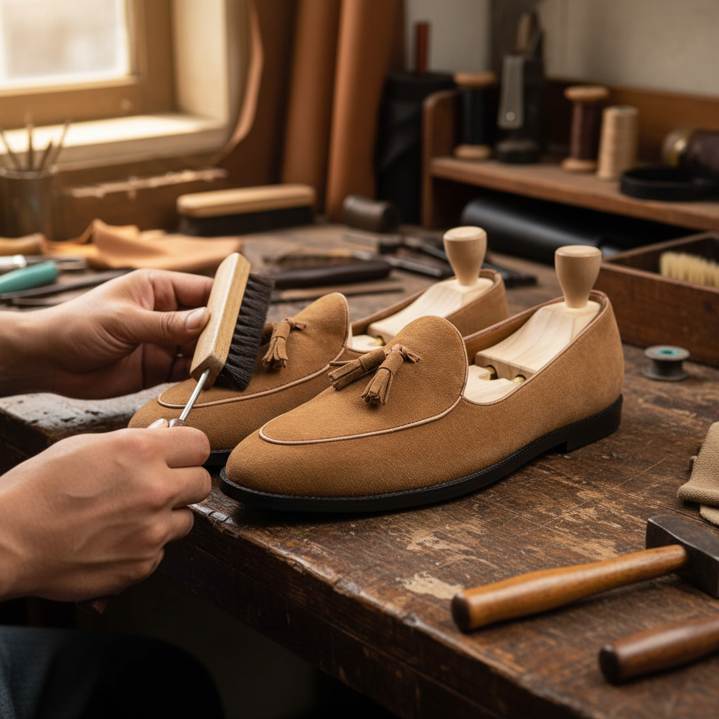 Artisan hand finishing the Emmerick Soft Suede Tassel Loafers during the final craftsmanship process at Marvel Leather.