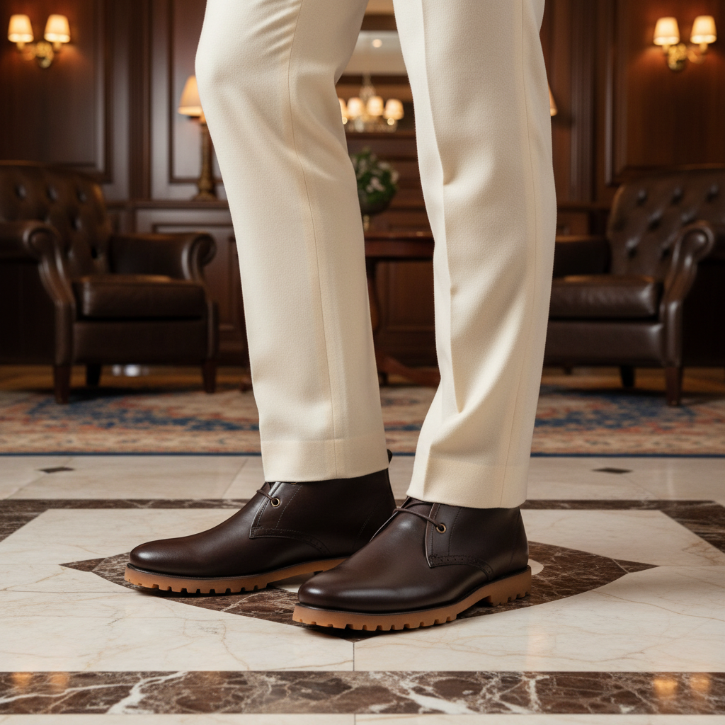Luxury handmade brown leather Chukka boots styled with tailored trousers in an elite old money setting