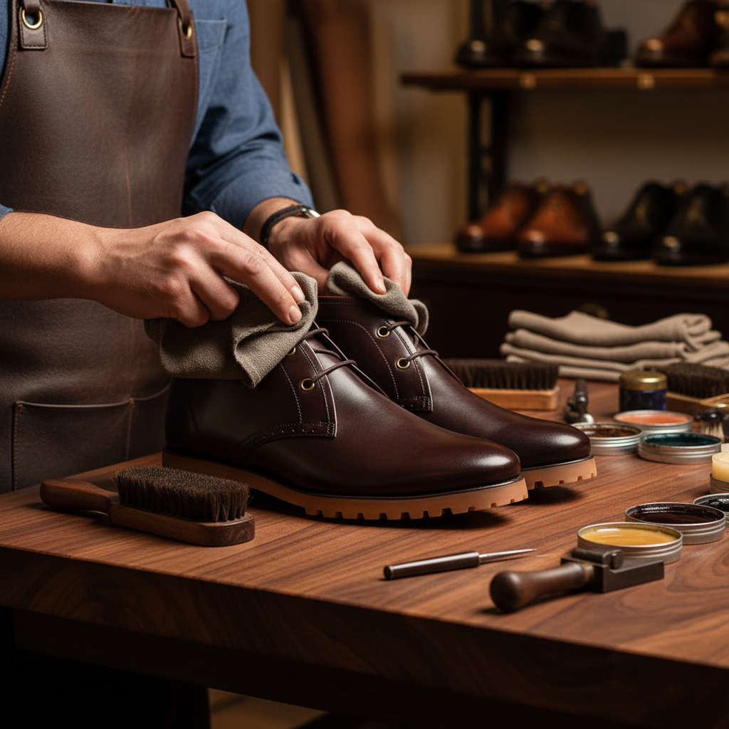 Skilled artisan applying premium wax and hand polishing luxury brown leather Chukka boots