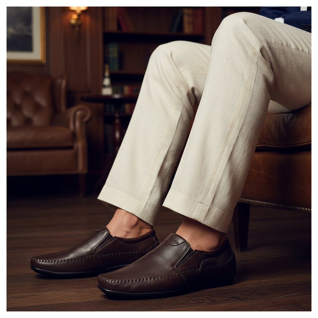 Luxury handmade textured leather driving loafers styled with tailored trousers in an old money setting