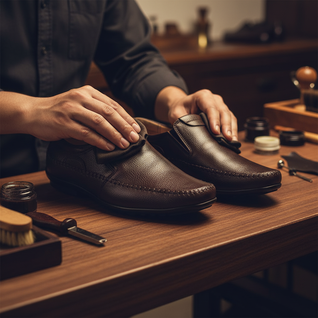 Skilled artisan applying premium wax and hand polishing to luxury textured leather driving loafers