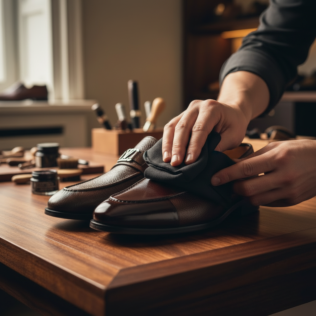 Skilled artisan applying premium polish to luxury pebbled leather loafers with elegant metal accent
