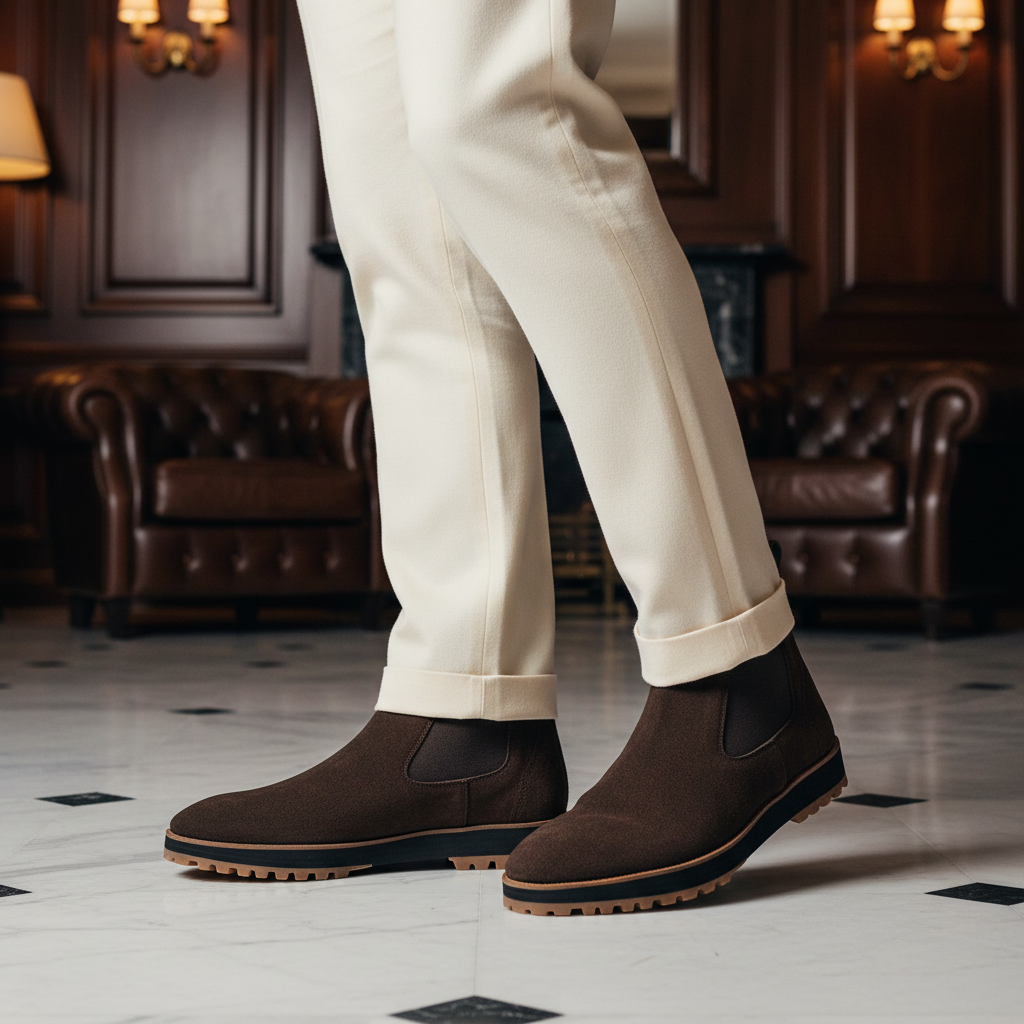 Luxury handmade dark brown suede Chelsea boots styled with tailored trousers in an elite old money setting