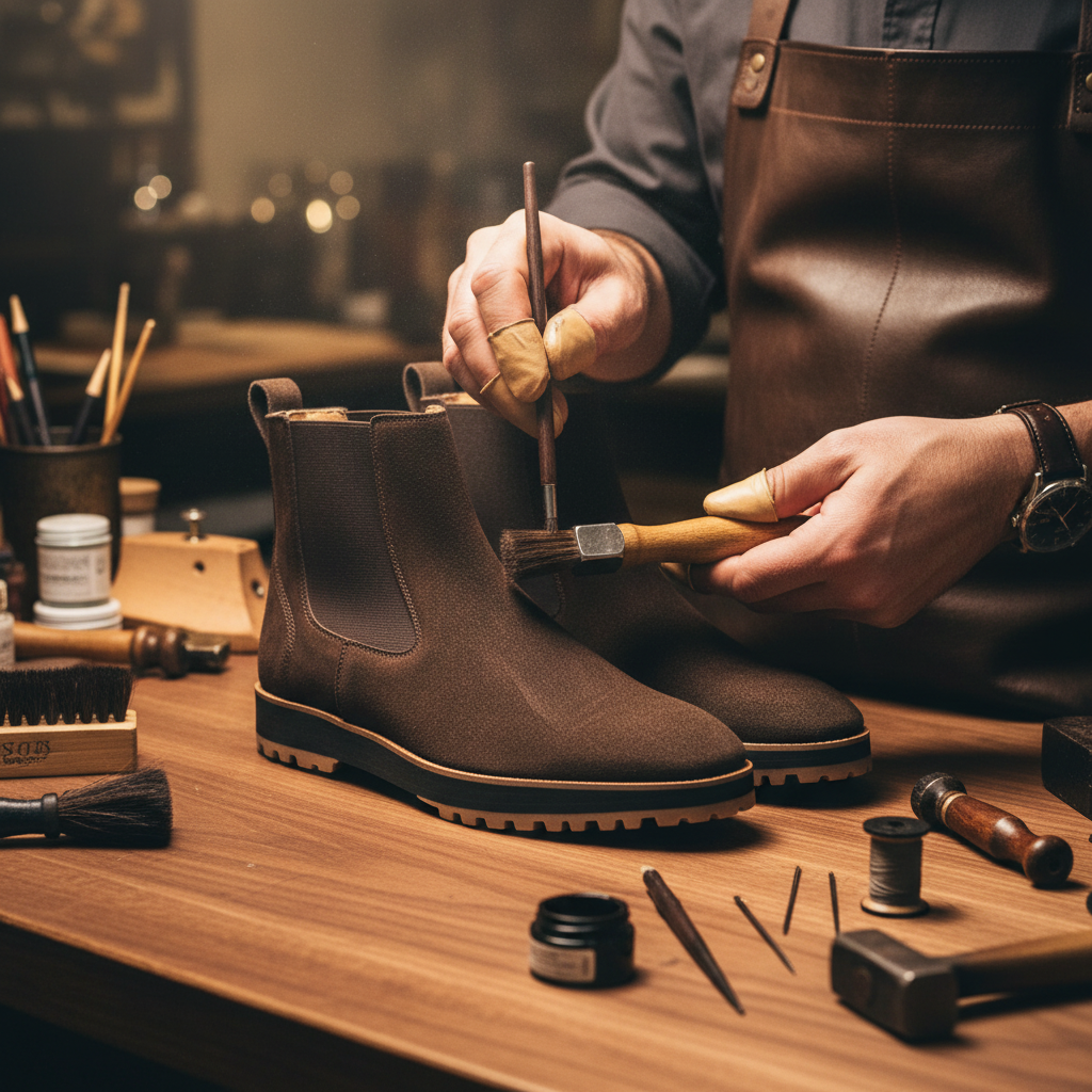 Skilled artisan applying premium finishing treatment to luxury dark brown suede Chelsea boots