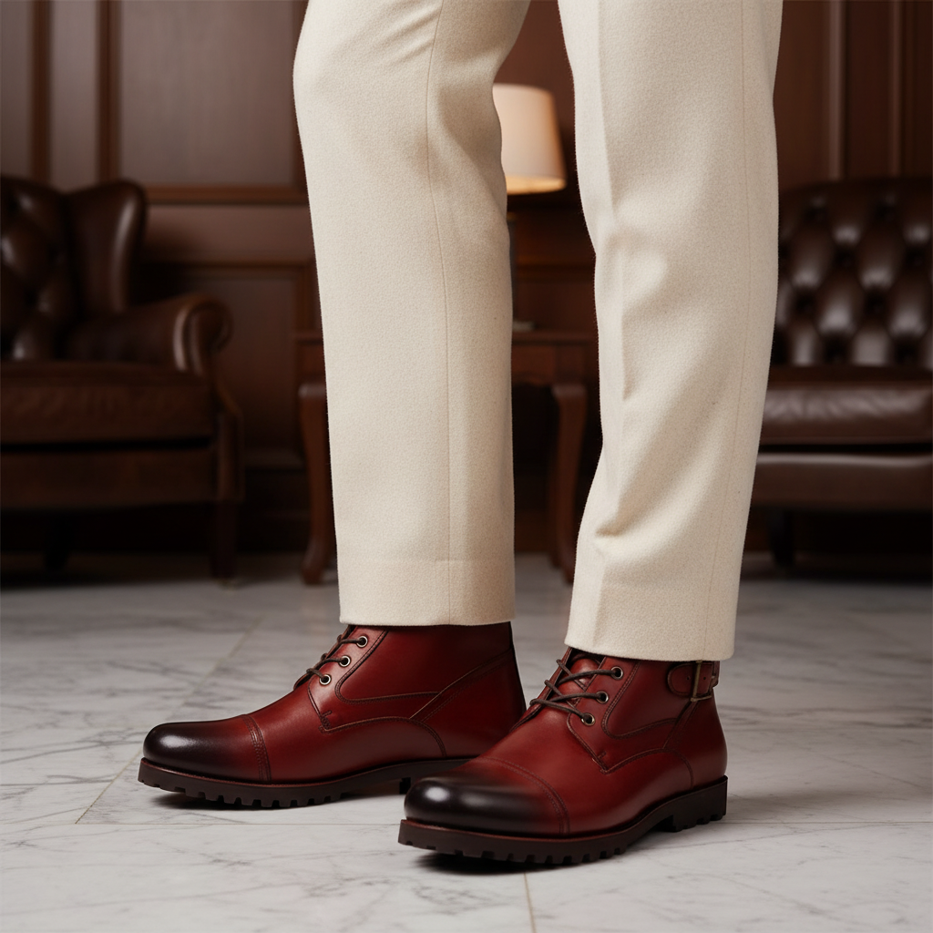 Luxury handmade double buckle combat boots styled with tailored trousers in an elite old money setting