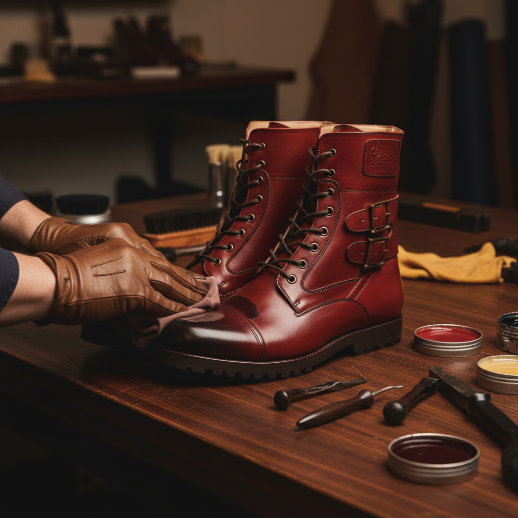 Skilled artisan applying premium wax and hand polishing luxury double buckle combat leather boots