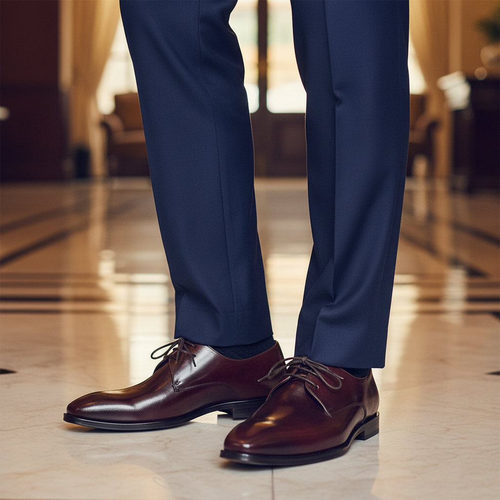 Luxury lifestyle image featuring the Giancarlo Classic Burgundy Derby Shoes handcrafted by Marvel Leather and worn in an elegant upscale setting.