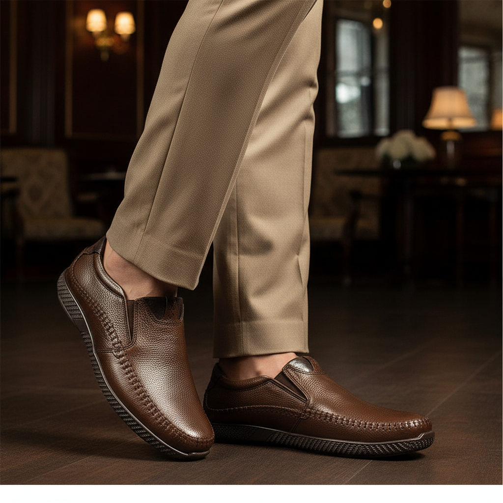 Luxury handmade moc toe brown leather loafers styled with tailored trousers in an old money setting