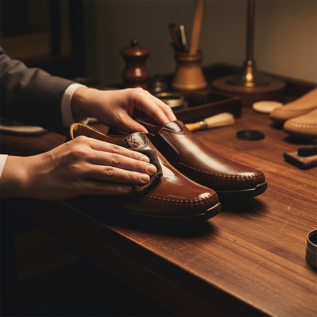 Skilled artisan applying premium wax and hand polishing to luxury moc toe brown leather loafers