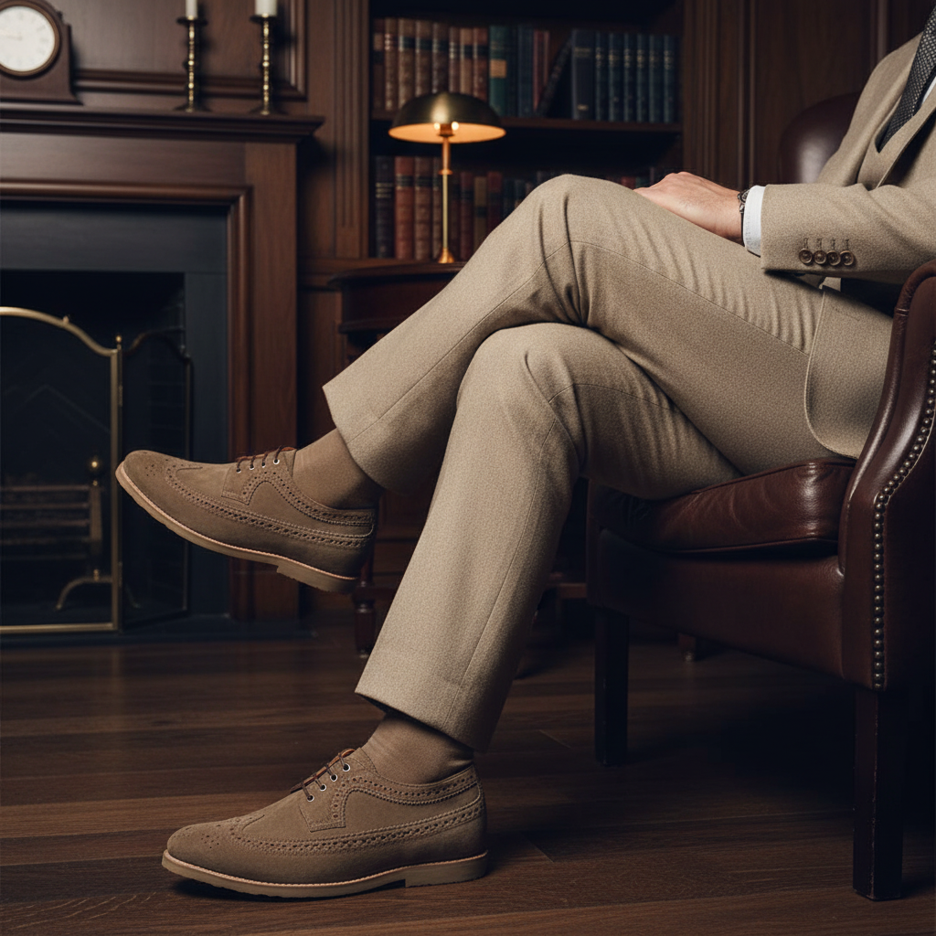 Luxury handmade suede brogue derby shoes styled with tailored trousers in an old money setting